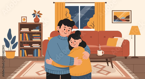 Tableau sur toile Cozy Couple Hugging in Warm Living Room, Evening Ambiance, Vector Illustration