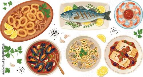 Mediterranean Seafood Feast Set With Calamari Grilled Fish Shrimp Mussels Pasta and Cod Lemon Garlic Herbs Vector Illustration