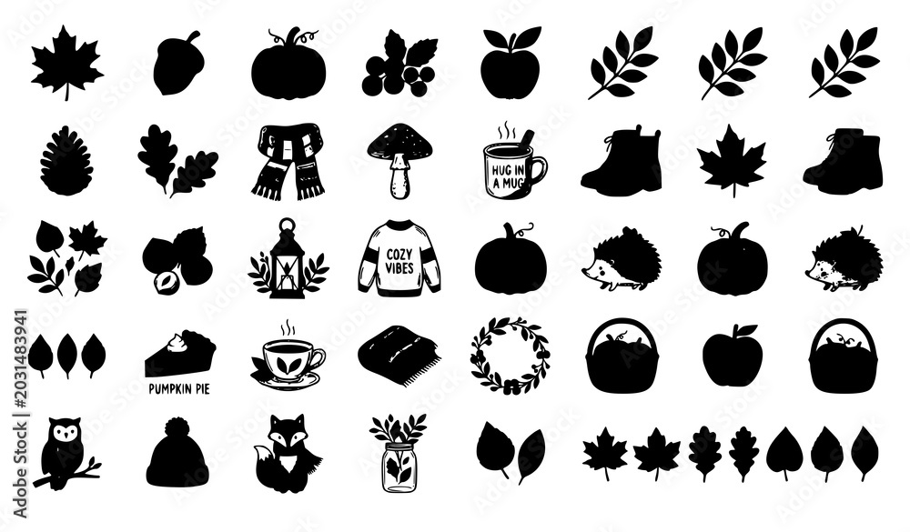 Fototapeta premium Hand drawn autumn element collection with leaves pumpkins acorns and seasonal doodle vector isolated on white
