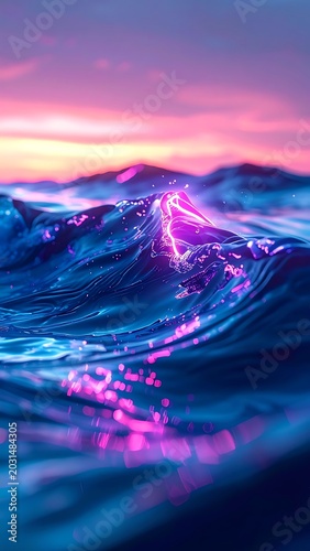 Vibrant ocean waves at colorful sunset.