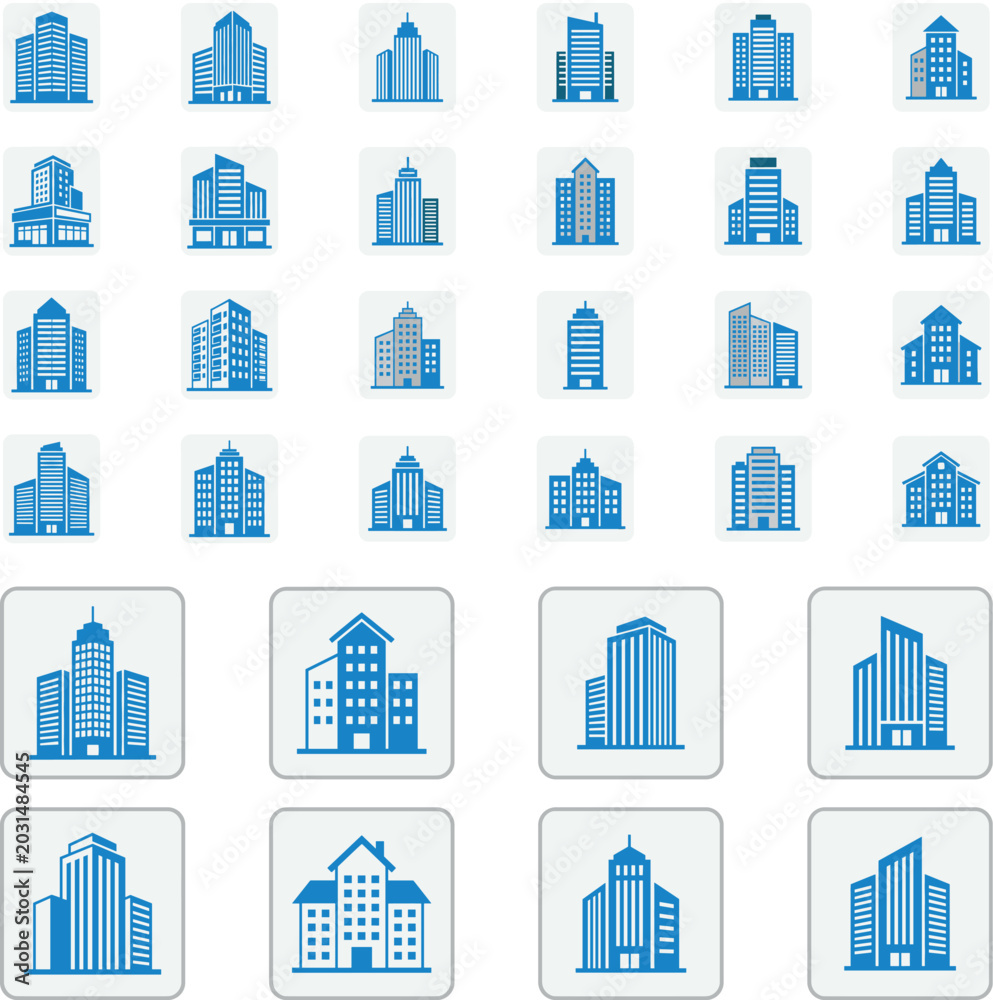 Fototapeta premium Modern Building Icon Collection with Urban Architecture Skyscraper Symbols for Real Estate Construction and Graphic Design Projects