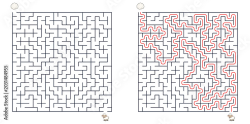 Fotografia Square maze puzzle sheep path to wool with solution for attention