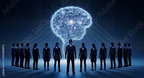 Silhouette figures connect to a glowing digital brain network against a dark blue background representing artificial intelligence