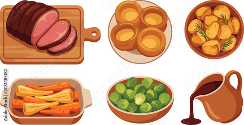 Traditional British Sunday Roast Dinner Set With Beef Yorkshire Pudding Roast Potatoes Carrots Brussels Sprouts and Gravy Vector Illustration