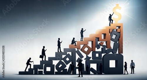 Silhouettes ascending stairs towards golden dollar sign against bright light representing financial growth and success