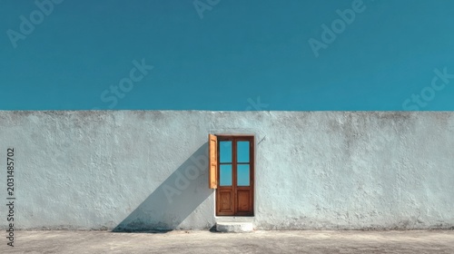 minimalist wooden door against a stark white wall under a vibrant blue sky casting a long shadow