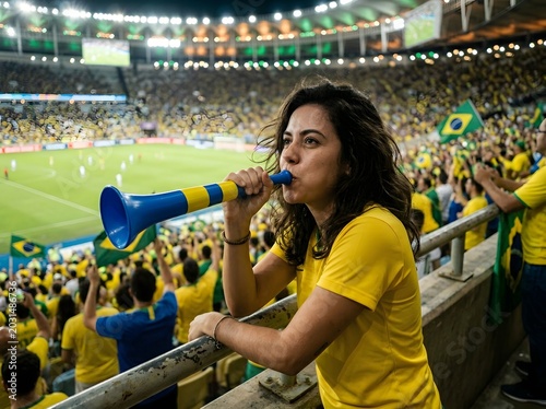 Young Female Brazilian Football Fan Blowing Vuvuzela Horn in Packed Stadium Stands During Soccer Match