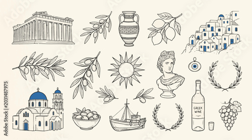 Cuadro en lienzo Large collection of hand drawn Greece travel elements featuring Parthenon temple