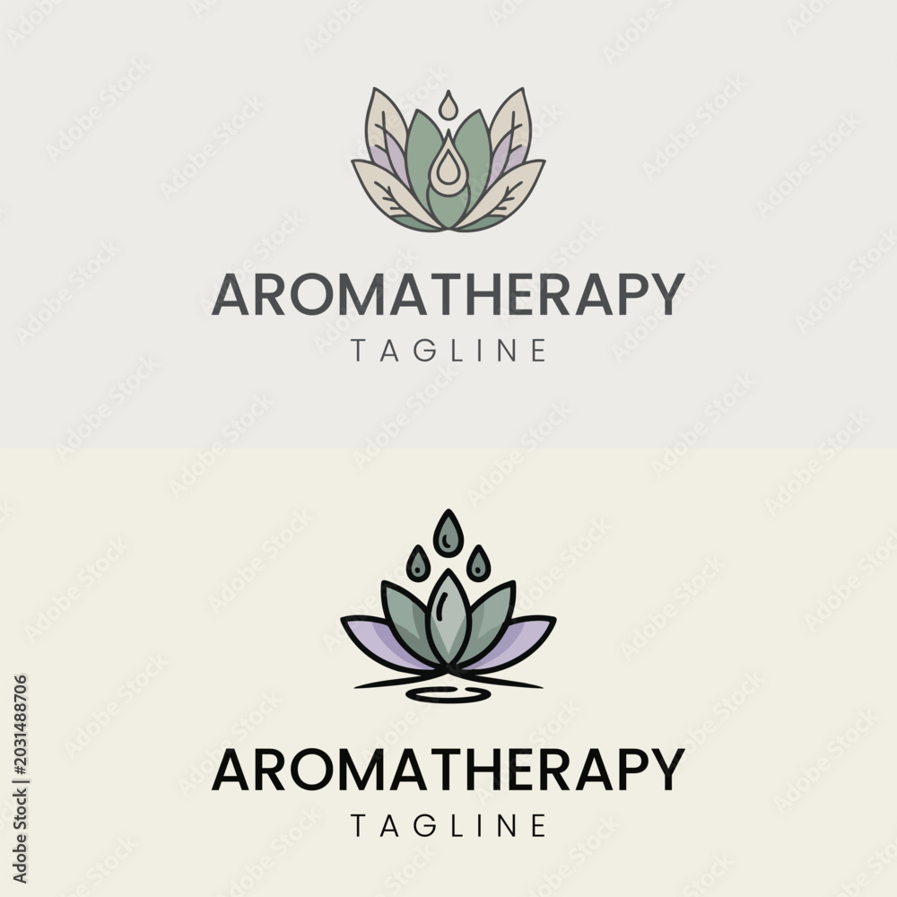 Fototapeta premium Aromatherapy essential oil drop and lotus flower logo vector template