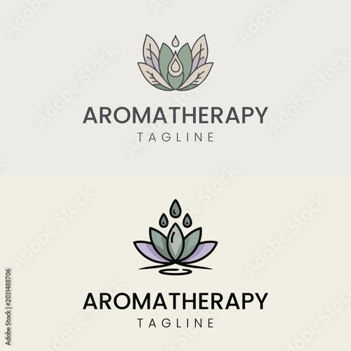 Aromatherapy essential oil drop and lotus flower logo vector template