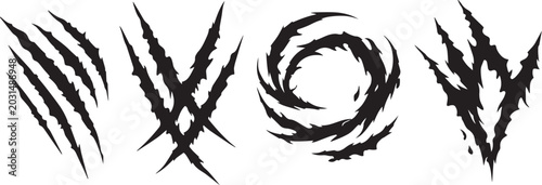 Bilde på lerret Aggressive monster claw marks vector set, black animal scratch marks on white ba