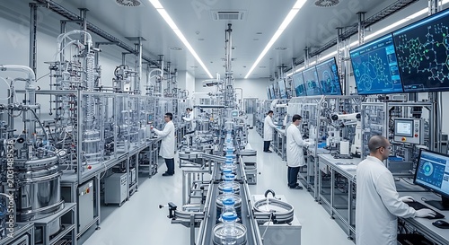 Scientists in white lab coats working in a pharmaceutical manufacturing facility with automated machinery