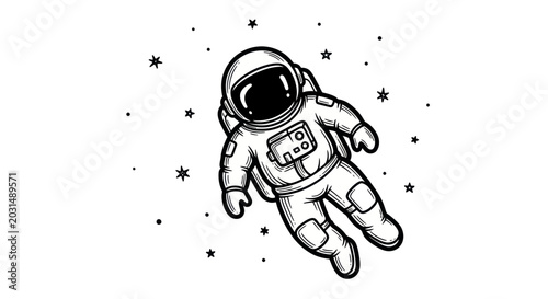 Fotografie Astronaut floating in space with stars, hand-drawn illustration, doodle style