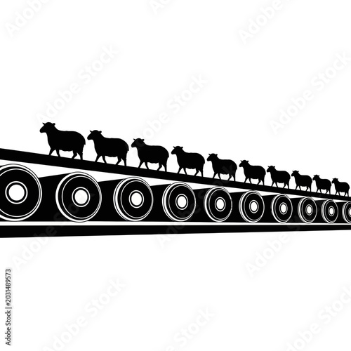 Foto Sheep on conveyor belt, symbolizing mass production and conformity