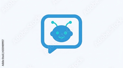 Simple blue chat bubble featuring a friendly robot face symbol on a plain white background, view