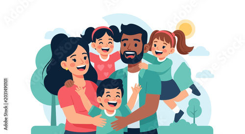 Εκτύπωση καμβά Happy Diverse Family Portrait Outdoors With Two Kids