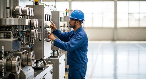 Technician in blue uniform and hard hat operating industrial machinery control panel in a factory hall