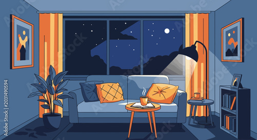 Foto Cozy living room at night with starry sky view from window, warm lamp light, mod