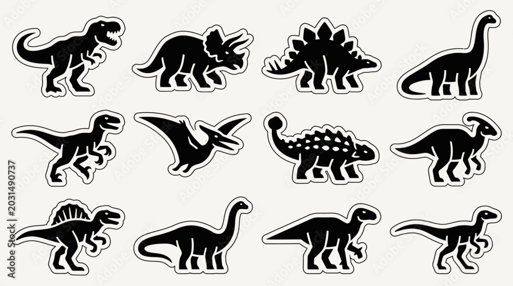 Obraz premium Dinosaurs stand in various poses on a plain surface in black illustrations