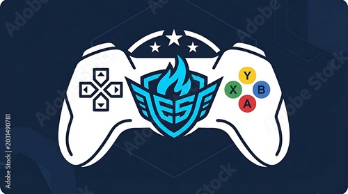 White gaming controller with blue shield emblem and flame on a dark blue background, joystick console