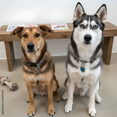 Two dogs with unique breeds and coats one a