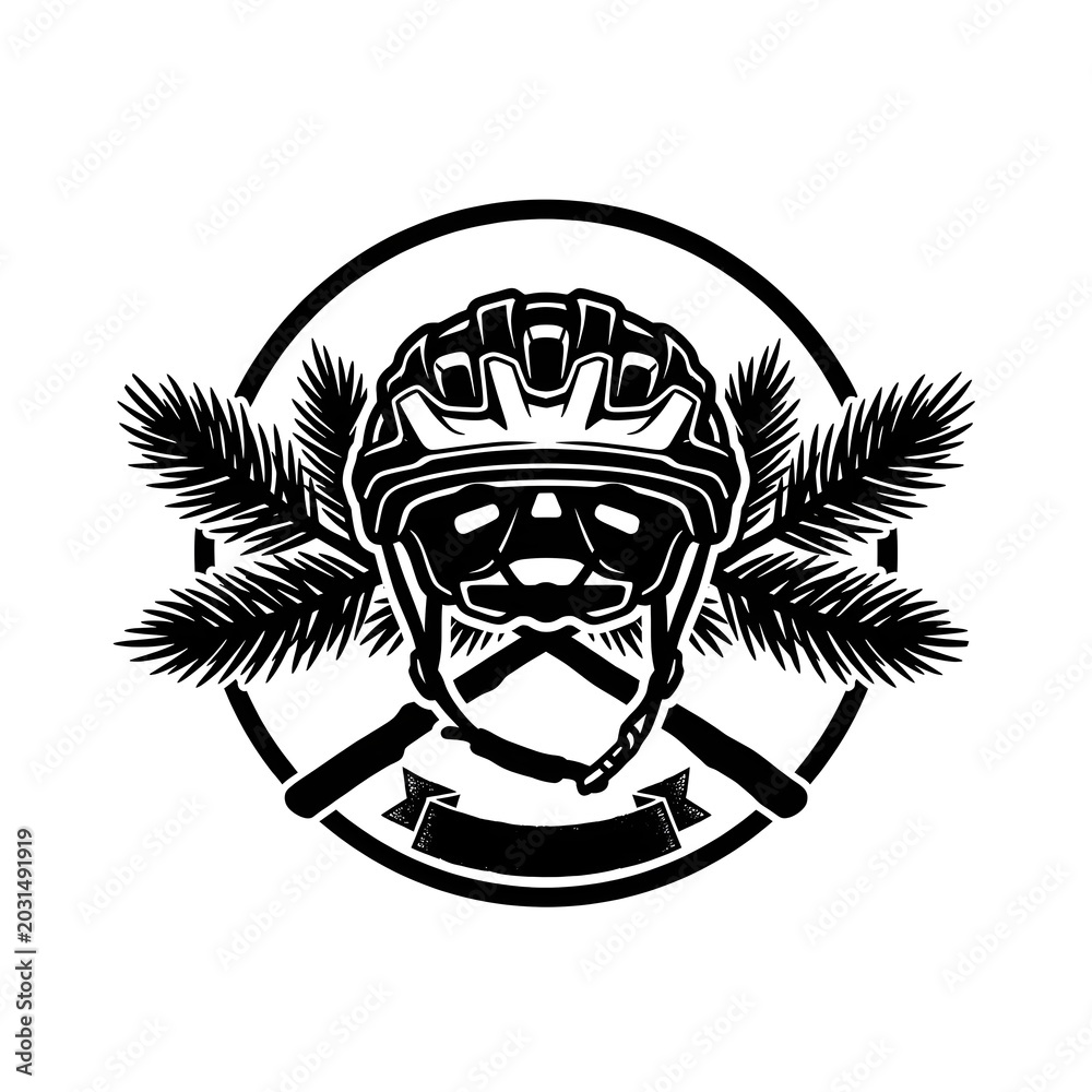 Fototapeta premium Black and white vector icon of an outdoor full-face helmet with crossed pine trees, representing mountain biking and adventure. 