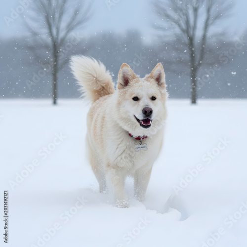 Rescue dog with a fluffy coat and wagging tail walking
