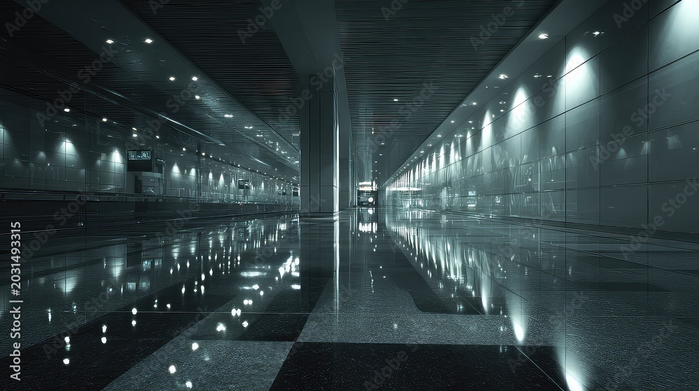 Fototapeta premium Modern Interior of an Abandoned Airport Terminal with Reflective Surface