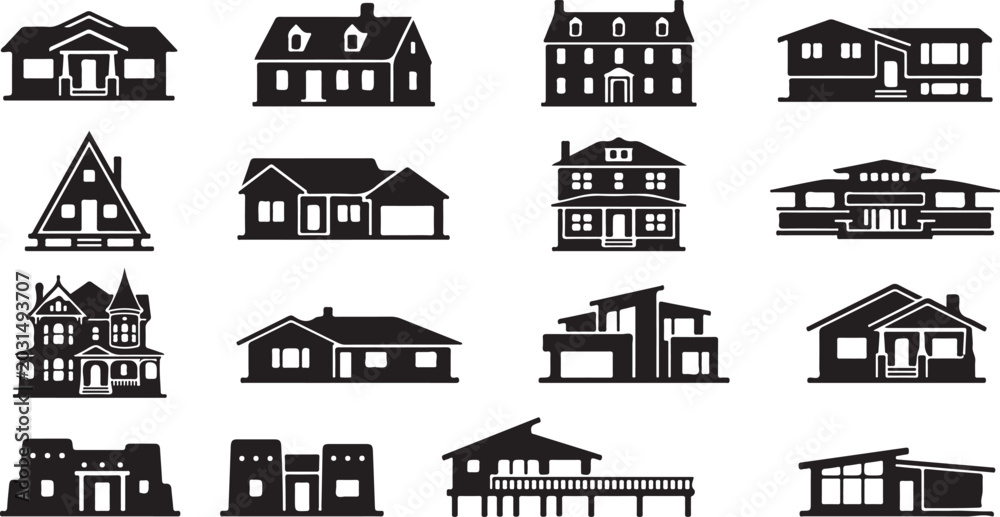 Naklejka premium Black and white house icons set