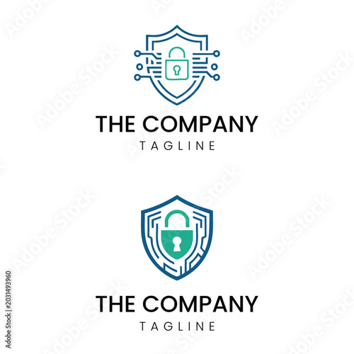 Cyber security shield and lock circuit logo vector template
