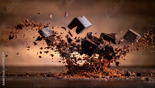 Exploding dark chocolate chunks and cocoa powder splash
