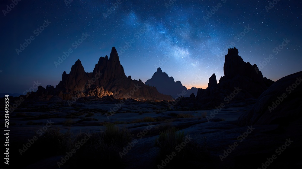 Naklejka premium Jagged rock formations rise dramatically beneath a luminous night sky filled with stars.