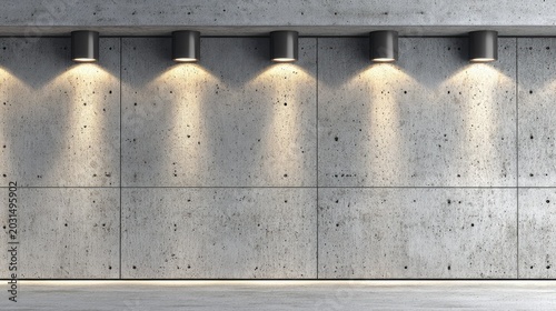 Five cylindrical wall mounted lights illuminate a textured gray concrete panel surface