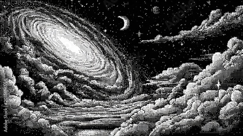 Detailed monochromatic digital artwork depicts a massive spiral galaxy viewed above ethereal clouds under a starry night sky