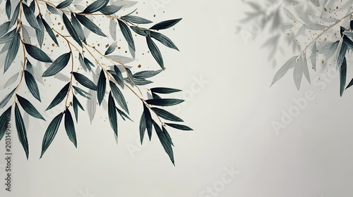 Dark green foliage branches extend across the top corners against a neutral background with subtle shadows