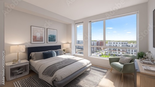 Modern condominium bedroom showcases ample natural light and expansive urban views through large windows