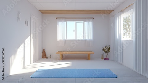Minimalist interior space prepared for exercise or meditation illuminated by bright natural light