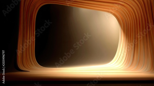 Warmly lit interior stage features a smooth curved wooden backdrop