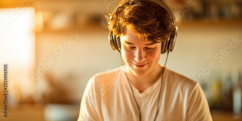 Teenager Wearing Headphones Listening to Music at Home With Golden Hour Lighting Relaxed Young Adult Enjoying Podcast While Cooking in Cozy Lifestyle Interior