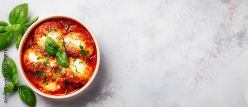 Gnocchi With Tomato Sauce Mozzarella Cheese in Bowl With Fresh Basil Leaves for Authentic Italian Comfort Food Concept and Gourmet Rustic Cuisine Presentation