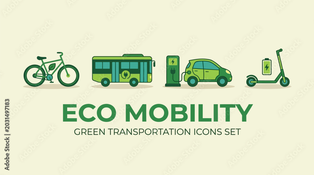 Obraz premium Bicycle, bus, electric car, and scooter icons represent modern eco mobility solutions for sustainable urban transportation systems.
