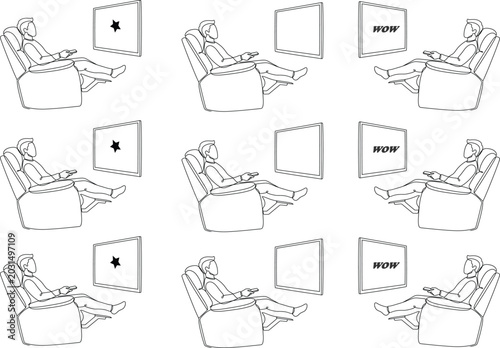 Canvastavla Continuous line art of a man sitting in a recliner chair watching a star and wor
