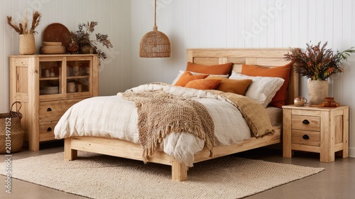 Cozy bedroom interior features natural wood furniture and warm, earthy textiles