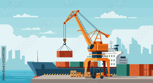 Cargo ship at port with crane loading containers, forklift and cityscape background