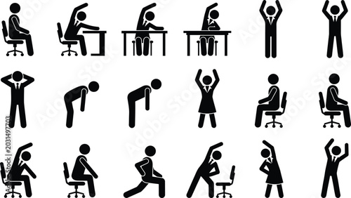 Office workout and chair stretching exercises stick figure silhouette icon set flat vector illustration isolated on white background