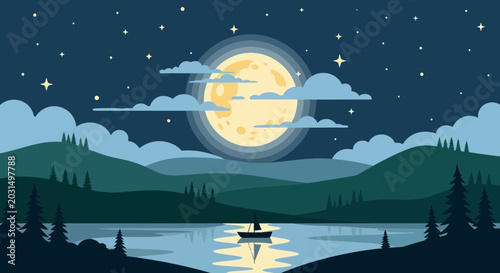 Serene Night Landscape: Full Moon Over Lake with Sailboat and Starry Sky
