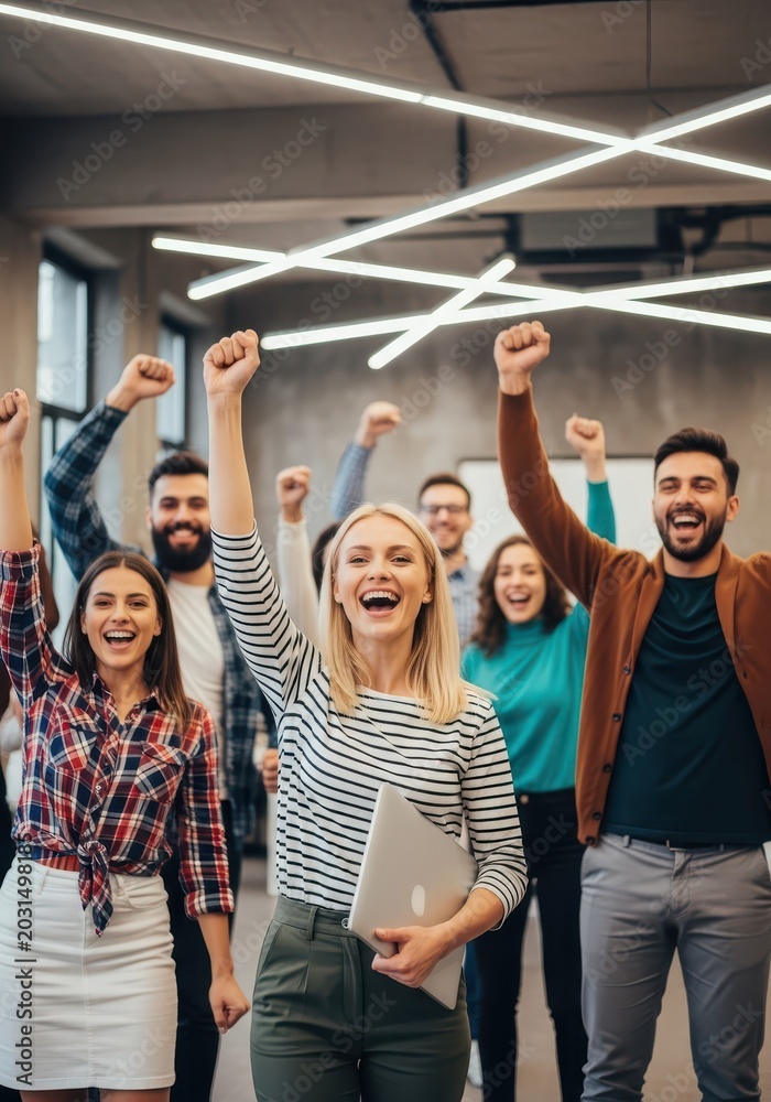 Fototapeta premium Successful Diverse Business Team Cheering and Celebrating Achievement in Modern Office Workspace