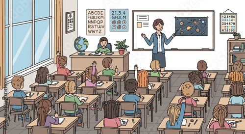 Bild auf Leinwand Diverse classroom scene with teacher explaining solar system to attentive studen