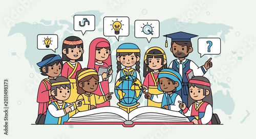 Diverse children learn global education from open book and teacher, idea icons, world map background