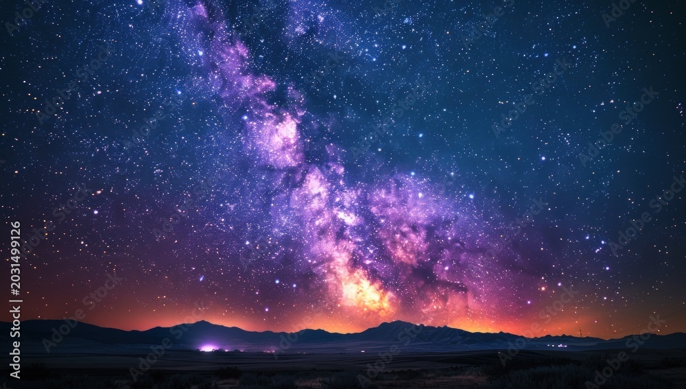 Obraz premium Brilliant Milky Way galaxy across a dark, star-filled night sky above distant hills